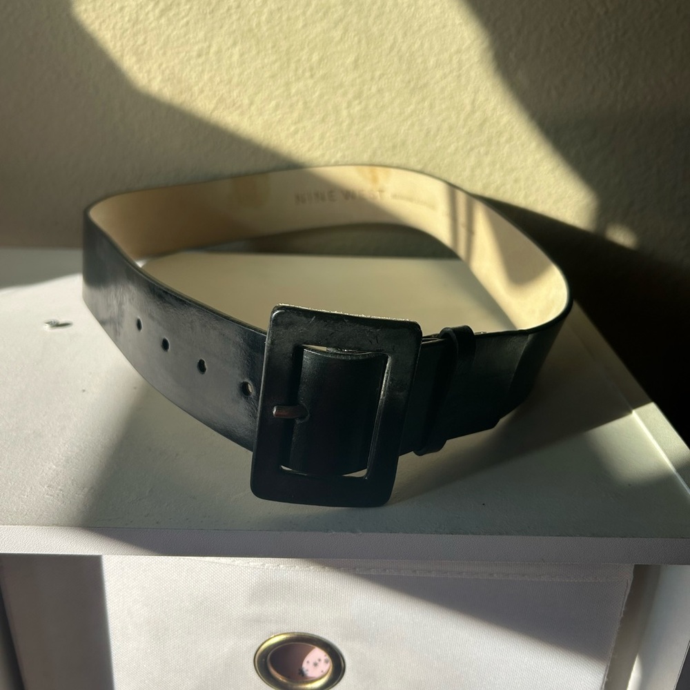 Nine West Black Leather Belt with Square Buckle